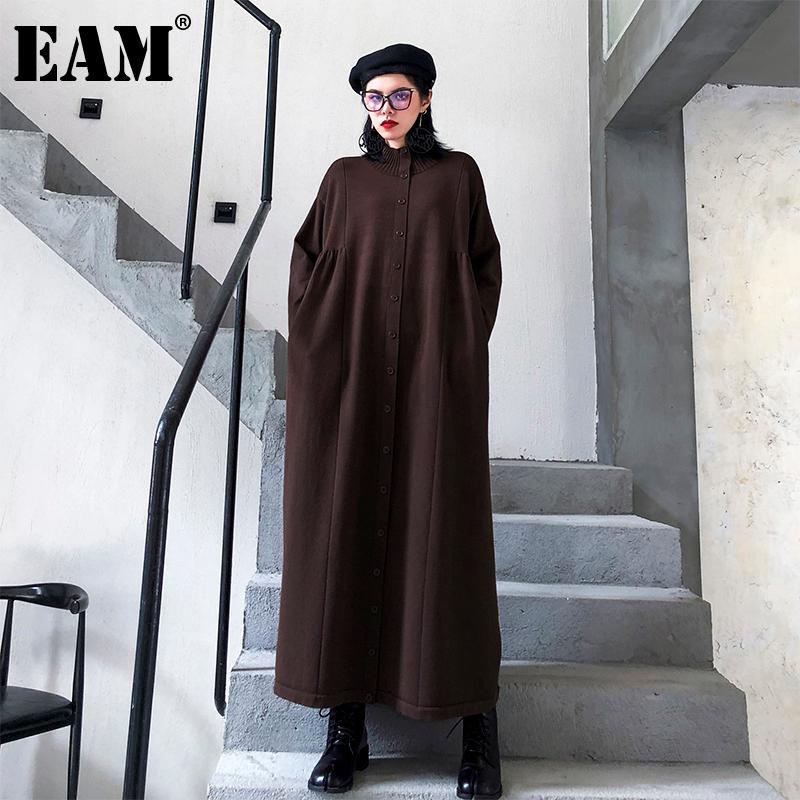 

EAM] Women Big Size Pleated Long Knitting Dress New Stand Collar Long Sleeve Loose Fit Fashion Tide Autumn Winter 2020 1DD1059, Black