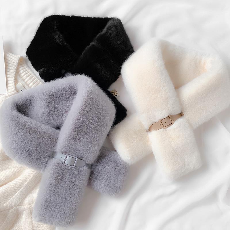 

Scarves Fashion Soft Warm Woolen Scarf Thick Women Neckerchief Button Girl Cute White Ladies Fur Collar Cross