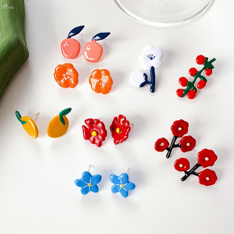 

AOMU 1Pair 2020 New Cute Colorful Dripping Glaze Fruit Flower Earrings for Women Party Jewelry Gifts S925