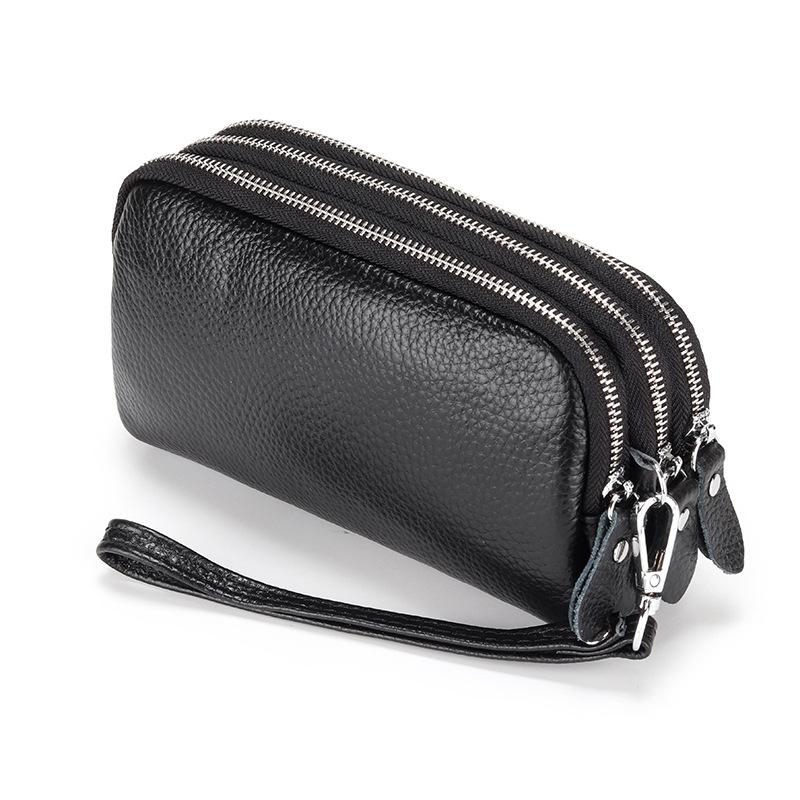 

New leather women's handbag fashion three-layer zipper mobile phone bag, Black