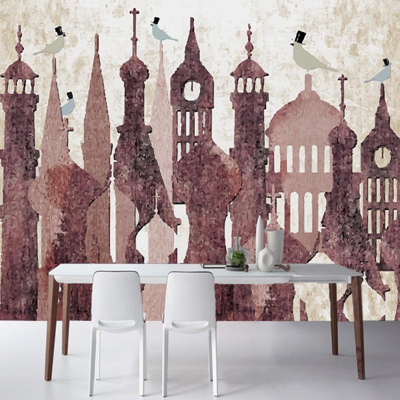 

Drop Shipping Custom 3d Mural Gallery Studio Mural Retro Abstract Hand Painted Bell Tower White Pigeon Living Room Wallpaper, As pic