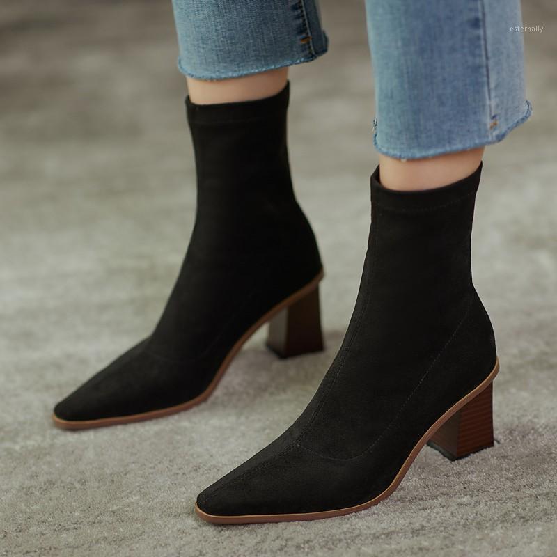 

Fashion ankle boots women sock shoes 2020 autumn winter new suede stretch boots square toe block high heels booties big size 411, Black