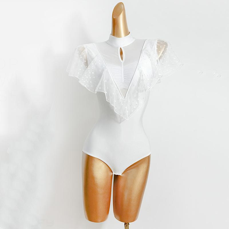 

Blue white Sexy Ballroom dance leotard tops women's sweet Latin one-piece modern polka dot mesh top