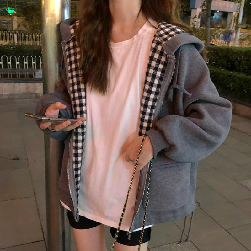 

Casual Jackets Women Plaid Hooded Chic Daily Coats Loose Pocket Zipper Oversize Harajuku Teens Streetwear BF New Outwear Coats, Black