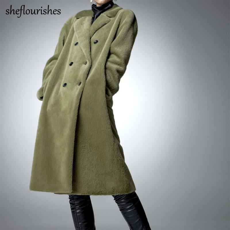 

2021 Winter faux fur jacket women vintage teddy coat long sleeve double breasted jacket elegant long coat female outerwear lady, Army green