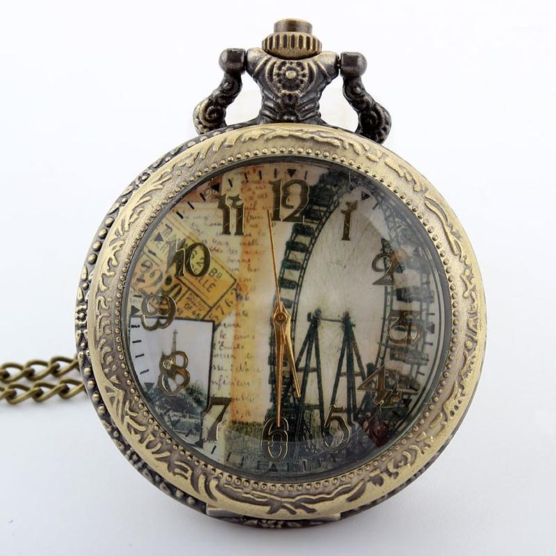 

Pocket Watches Fashion Ferris Wheel Bronze Women Open Face Quartz Watch Pendant With Necklace Chain Mens Unisex Gifts1, As pic