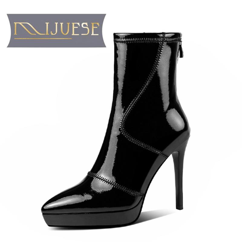 

MLJUESE 2021 women soft ankle boots Split leather zippers boots winter short plush pointed toe high heels women, Black