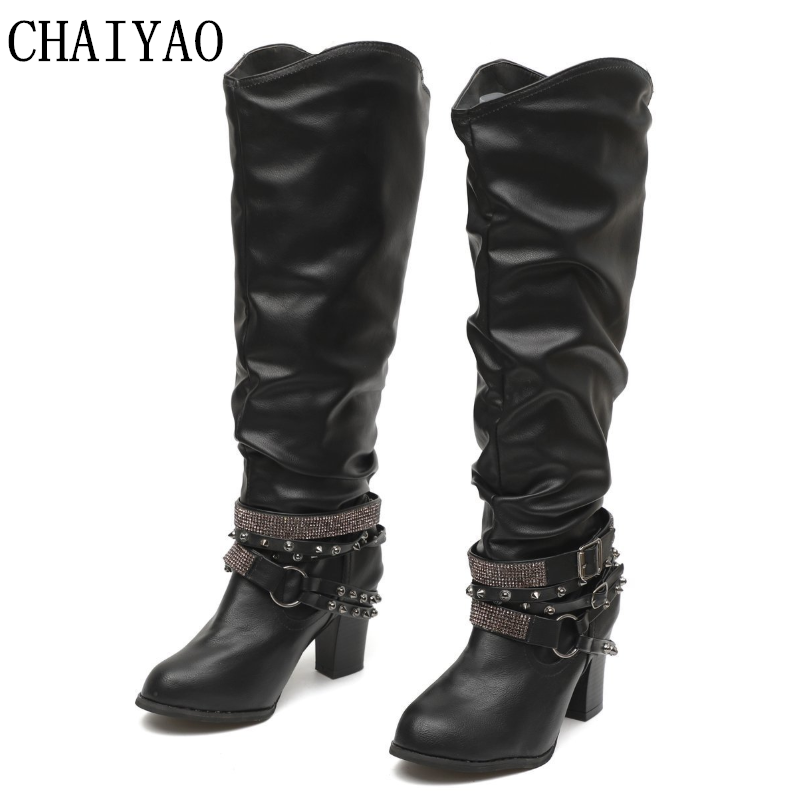 

Women Knee-High boots 2020 Autumn Winter Ladies Rhinestone rivet Women's shoes Fashion PU Leather Slip-On High heels Women boots, White