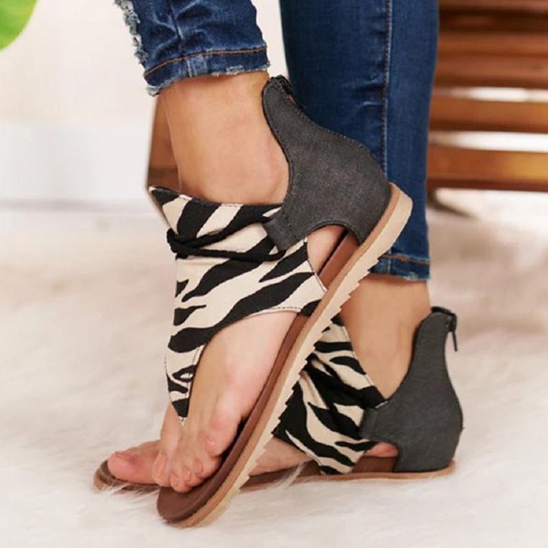 

Summer Beach Floral Print Casual Artificial PU Soft Sole Flat Heel Women Sandals Strappy Sexy Open Toe Fashion Zipper Closure, Leopard