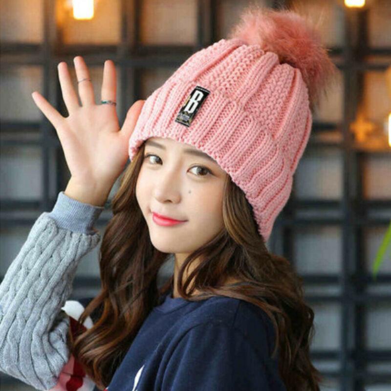 

Winter Warm New Arrival Hot Sale Womens Ladies Winter Adjustable Knitted Beanie Ski Turn Up Casual Bobble Hat Faux Fur Pom Pom, White
