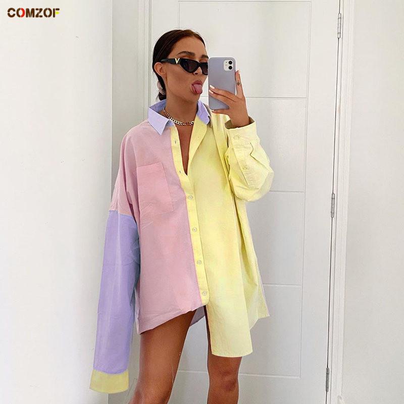 

2021 Autumn Streetwear women shirt long sleeve patchwork fashion tops clothing woman shirts blusas de mujer loose blouse, Picture color
