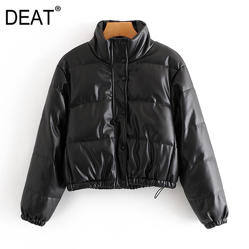 

DEAT] Loose Fit Leather Warm Woolen Coat Parkas New Stand Neck Long Sleeve Women Fashion Tide Autumn Winter 2020 13U006, Black