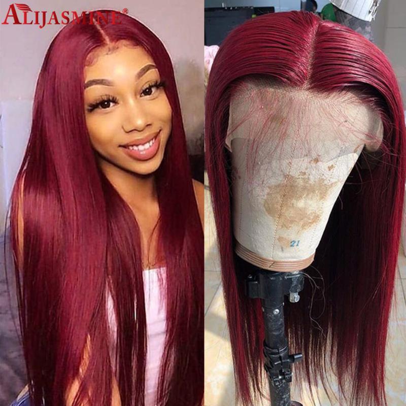 

180 Density Silk Straight 99J Lace Front Wig Brazilian Remy Burgundy Red 99J 13x4 Lace Frontal Human Hair Wigs For Black Women, As pic