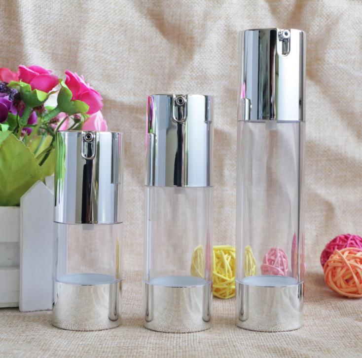 

Make Up Airless Pump Bottle 15ml 30ml 50ml Silver Cosmetic Liquid Cream Container Lotion Essence Bottles for Travel 100pcs SN142