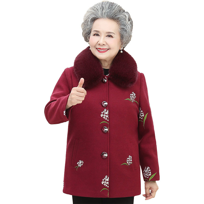 

New Winter Woolen Ladies Korean Jackets Grandma Clothes Embroidered Thick Warm Wool Woman's Coat R622 Hfwr, Red.