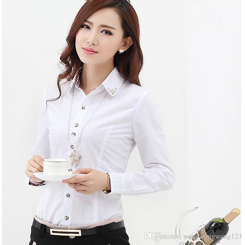 Europe Russia spring autumn women Career wear Office blouse tops Shirt Long Sleeve red white Korean lady Slim Cotton Blend Formal Workwear