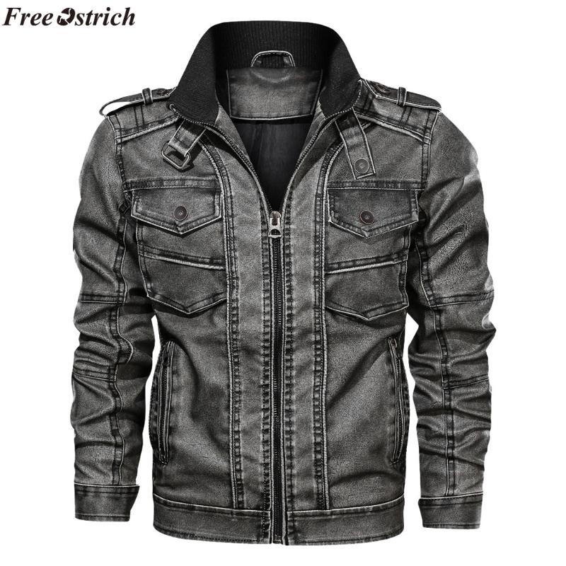 

FREE OSTRICH Men Jacket 2020 Men's Autumn Winter Vintage Zipper Stand Collar Imitation Jacket Leather Coat,Windproof, Black