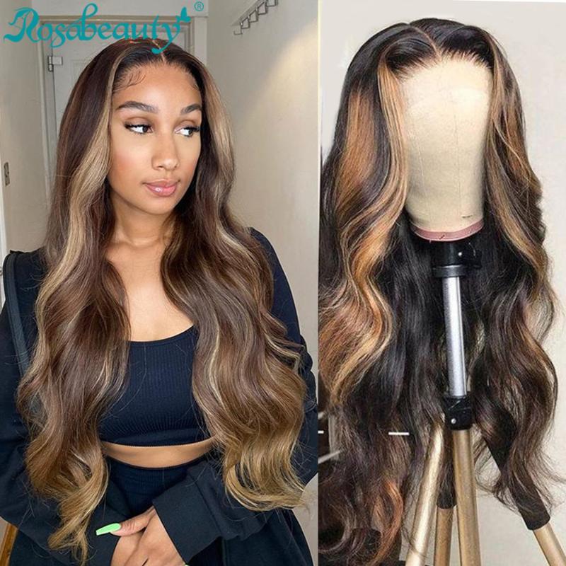 

#4/27 Highlight Wig Brazilian Body Wave Wig Highlight 13x4 Lace Front Human Hair Wigs Honey Blonde Ombre Lace Front Remy, As pic