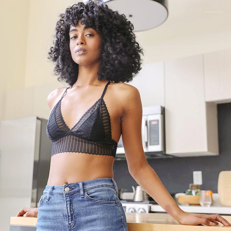 

YL-5549 Leto Intimates Ribbed Lace Boho Racerback Bralette Beautifal Back Soft Bra TOP Sexy Designs in 20201, Black