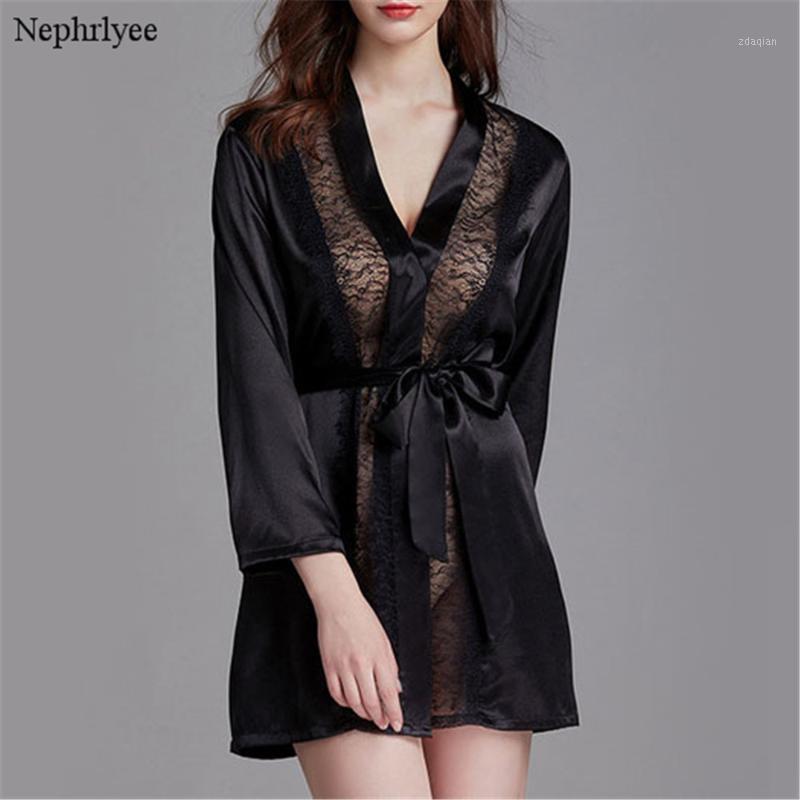 

Women's Satin Silk Nightgown Woman Lace Robe Female Lace Bathrobe Womens Robes Sleepwear Ladies Sexy Robe For Women S003131, Black
