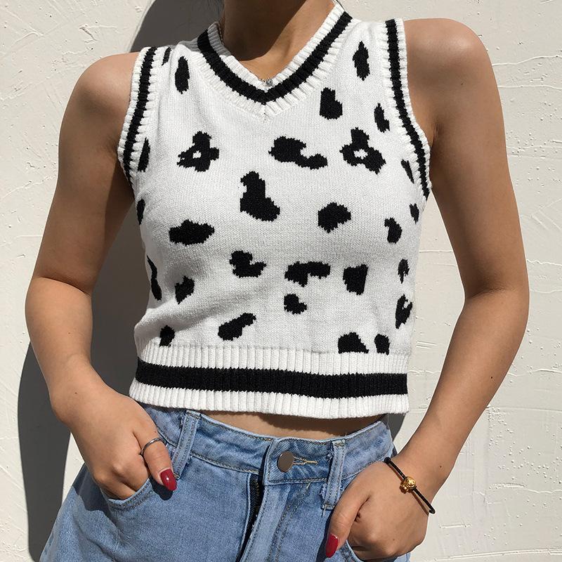 

2021 Streetwear Knitted Tank Sweater Vintage Sleeveless Leopard Milk Pattern Pull Femme V Neck Sweaters Women