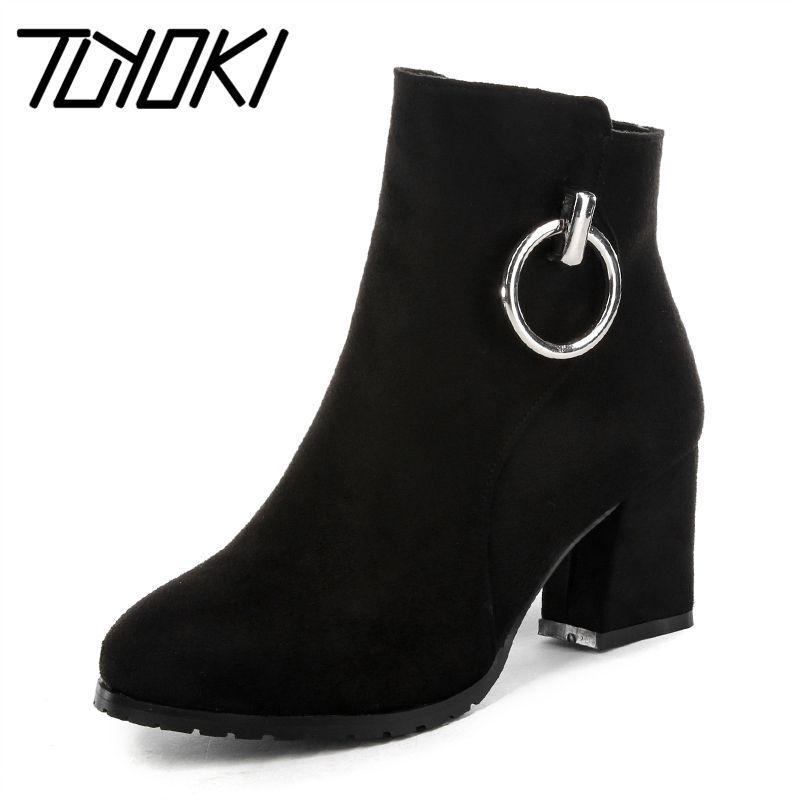 

Tuyoki Size 33-43 Women High Heels Fur Boots Metal Buckle Winter Shoes Women Zipper Ankle Botas Classic Round Toe Footwear, Black