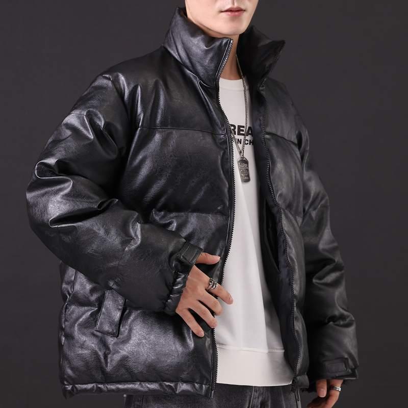 

2021 Men Winter Jacket Coat PU Leather Parka Men Thick Warm Faux Leather Coat 2021 Harajuku Style Oversized Winter Jacket, Black