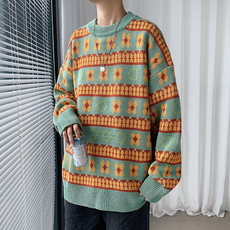 

Winter 2021 New Double Shirt Around the Male-style Neck Looses Sweater Yellow Fret Clothes Free JL8P, Green.