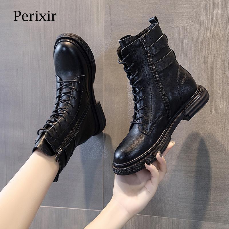 

Perixir Ankle Boots Women Genuine Leather Autumn Short Plush Round Toe Lace-Up Thick Bottom Black Cool Girl Booties 2020 New1