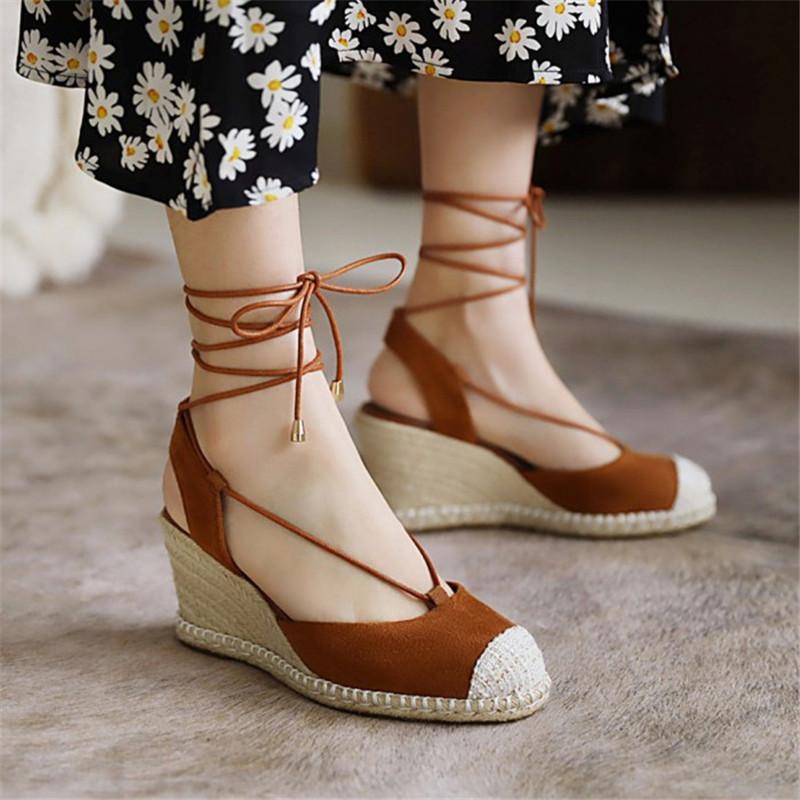 

PXELENA Rome Cross Strap Gladiator Sandals Women Faux Suede Weaving Wedge High Heel Platform Shoes Spring Summer Plus Size 34-44, Beige