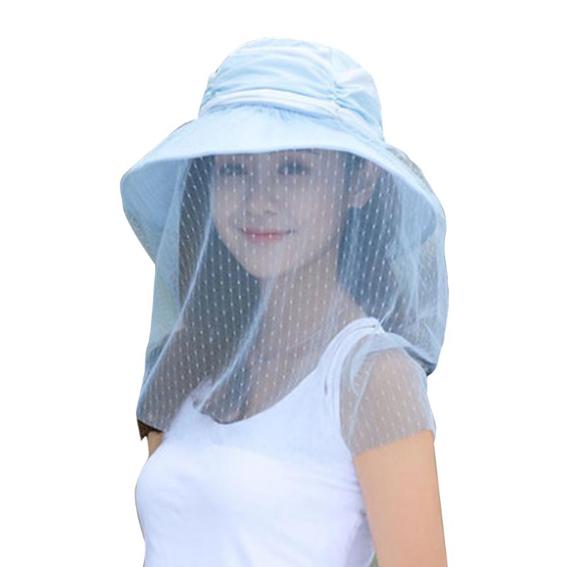 

Women Travel Elegant Cotton Blend Adjustable Rope Casual Foldable Detachable Veil Anti UV Portable Sun Hat Summer Wide Brim, Light blue