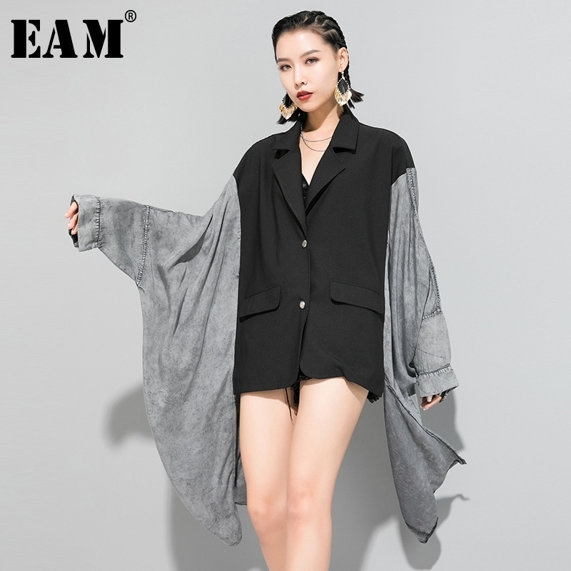 

[EAM] Loose Fit Contrast Color Split Big Size Asymmetrical Jacket New Lapel Long Sleeve Women Coat Fashion Spring 1R618 201120, Black