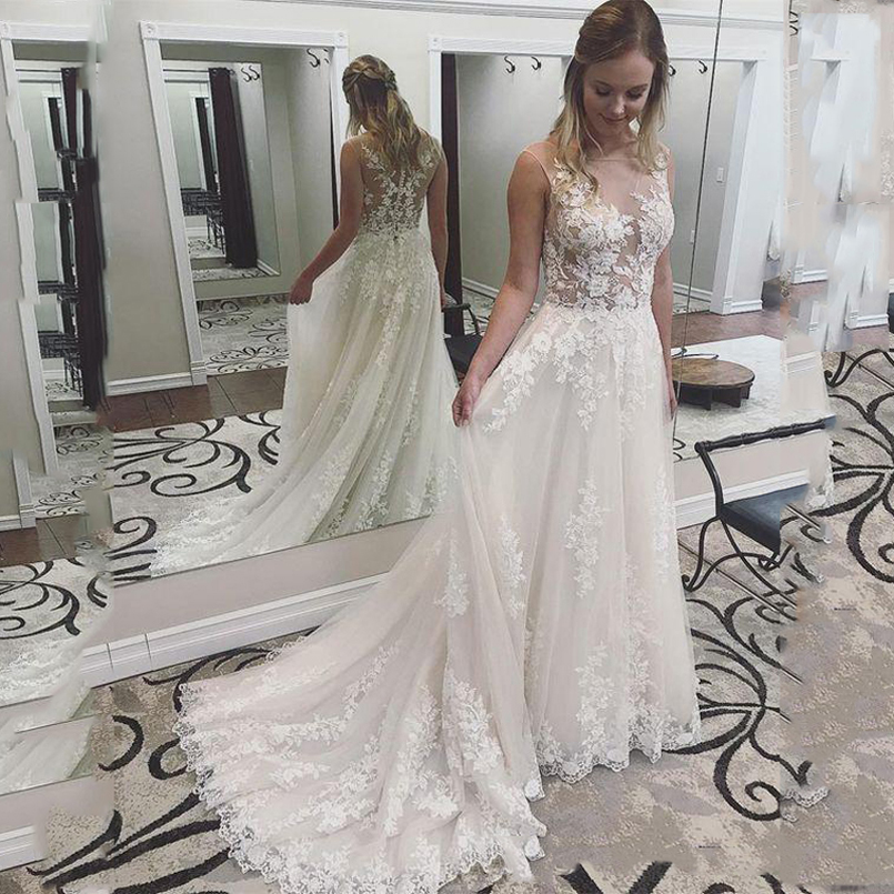 

Custom Made A Line Lace Wedding Dresses with Appliques Sleeveless Tulle Sweep Train Bridal Gowns vestidos de novia, Ivory