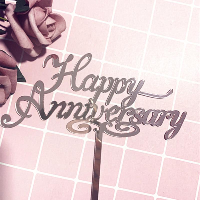 

Pink Happy Anniversary Acrylic Cake Topper New Wedding Anniversary Party Cake Decorating Supplies Gold Mirror Acrylic Flags