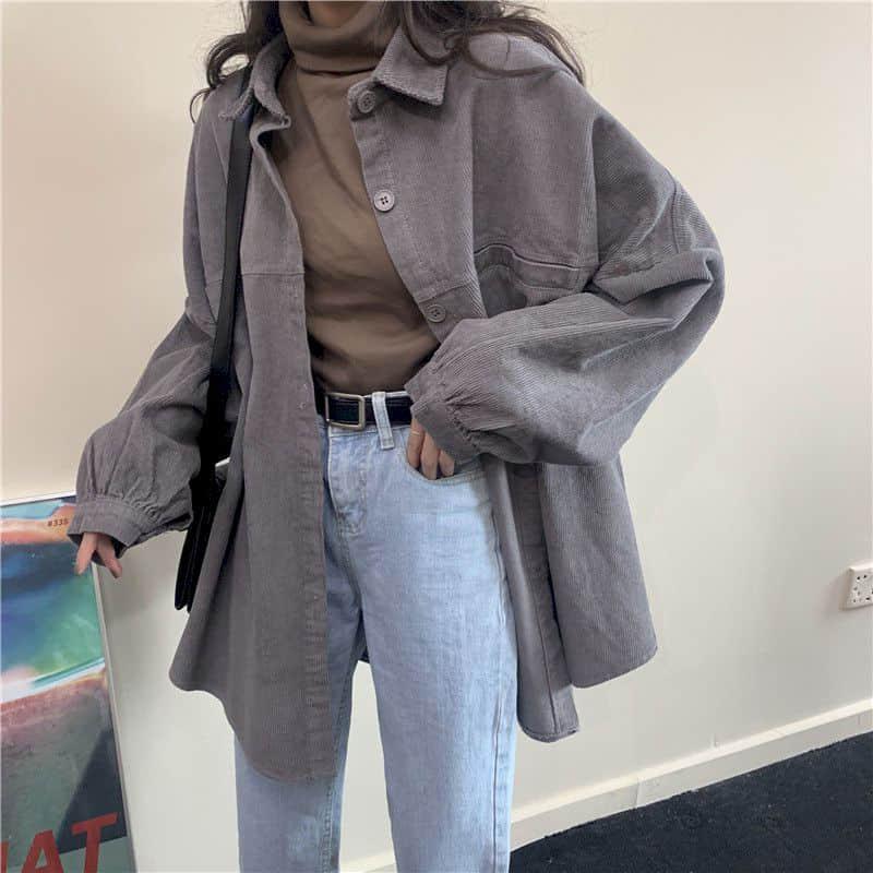 

Women corduroy shirt Blouse autumn loose Korean version wild student thin long section long-sleeved shirt jacket office lady top, Gray