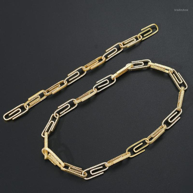 

Chokers Hip Hop + Cubic Zirconia Set Bling Iced Out Paper Clip Pin Link Chain Necklaces Men Women Rapper Jewelry Gold Silver Color1