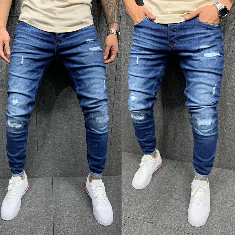 

High Quality Men' Washed Frayed Small Feet Stretch Jeans Torn Skinny Jeans New Denim Pants Pantalones De Hombre Jean Homme, Blue