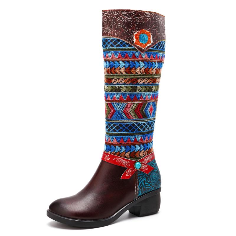 

Iliyah Bohemian Ethnic Knee Boots Weave Cloth Women Shoes Woman Genuine Leather Mid Calf Boots For Woman Winter Botas Mujer, Blue