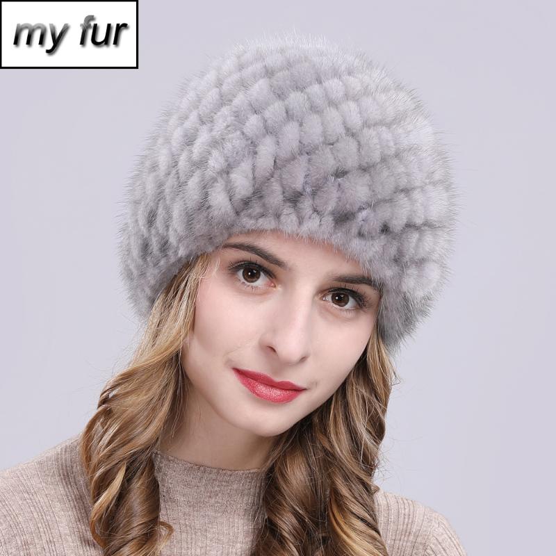 

Russia New Winter Lady Natural Beanies Hat Knit Warm Striped Genuine Caps Women Good Elastic Real Hat, Black
