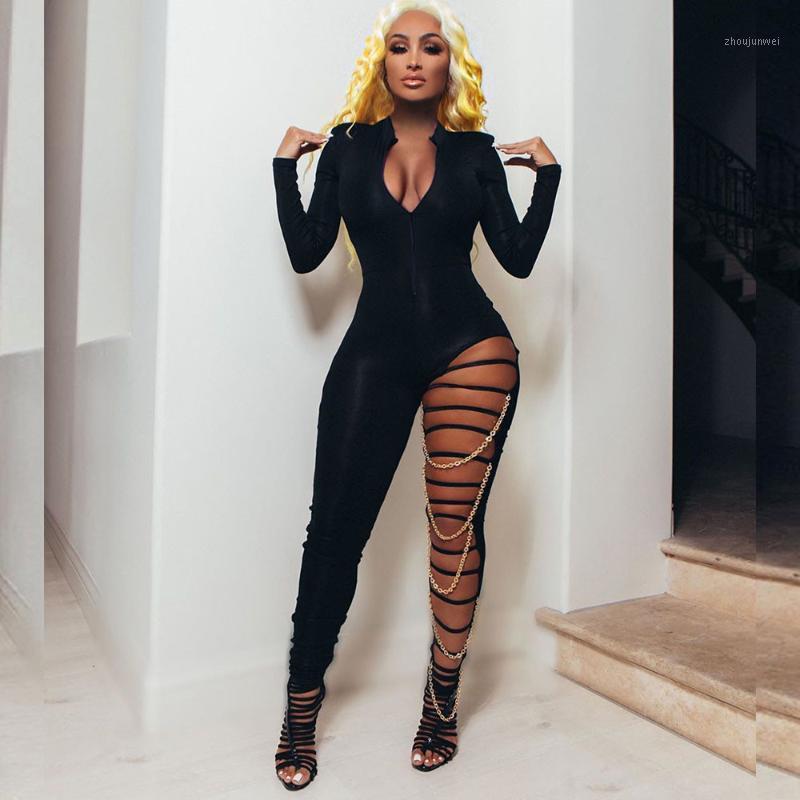 

Sexy Night Club Party Jumpsuit Women Romper Bodycon Hollow Out Chain Zip V-neck Celebrity Christmas One Piece Outfits Body Suit Women' Jump, Black