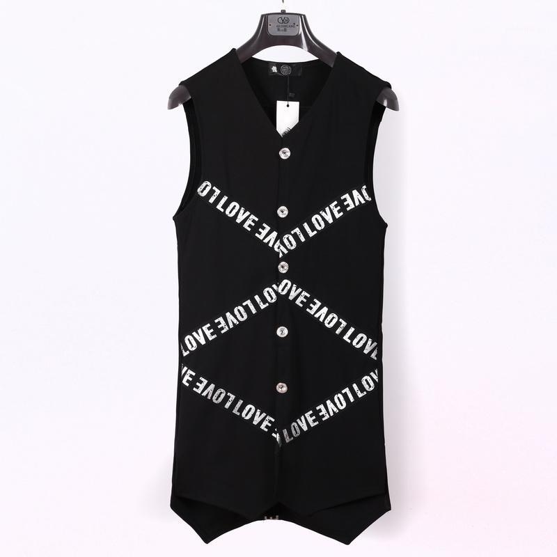 

2018 New Men's clothing Hair Stylist GD Fashion British Middle length V collar Thin Vest Cloak Singer costumes1, Black