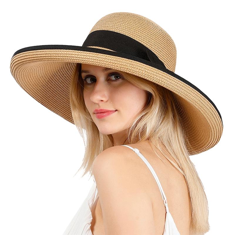 

2021 Women's Sun Straw Hat Wide Brim Roll Up Floppy Beach Hat With Bowknot For Summer, White
