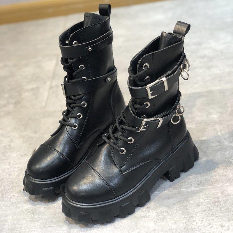 

Women Boots Hollow Breathable Thick Sole Boots Female 2020 New Autumn Wild Black Zipper Mid Tube Motorcycle Short