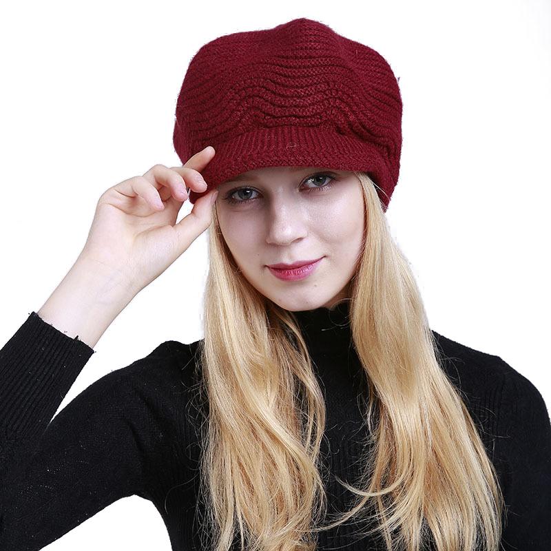 

Women Plush Inside Flat Brim Knitted Hat Autumn Winter Solid Color Soft Visor Beanie Ski Cap Elegant Female Knitted Hat Bonnet