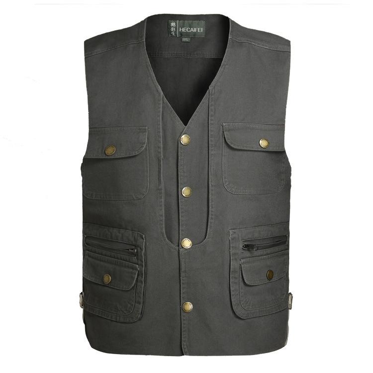 

BOBO 2020 Cotton V-neck Multi-pockets Vest Loose Casual Solid Color Single-Breasted Cotton Cloth Waistcoat, Beige
