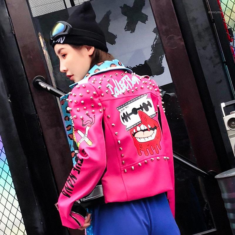 

Fashion Brand Leopard Print Rivet Leather Jacket Women Biker Coat 2019 New Collection Spring Fun Graffiti Faux Leather Jacket1, Photo color