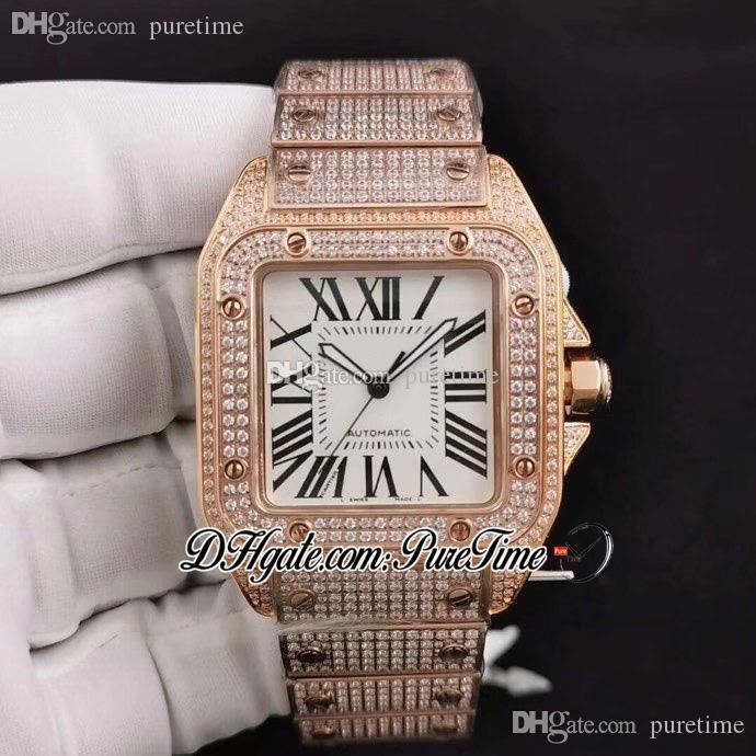 

2021 DRF Paved Simulated Diamonds Case Rose Gold White Dial Roman Diamonds Bracelet ETA A2824 Automatic Mens Watch Bling Jewelry Puretime E5, Original box