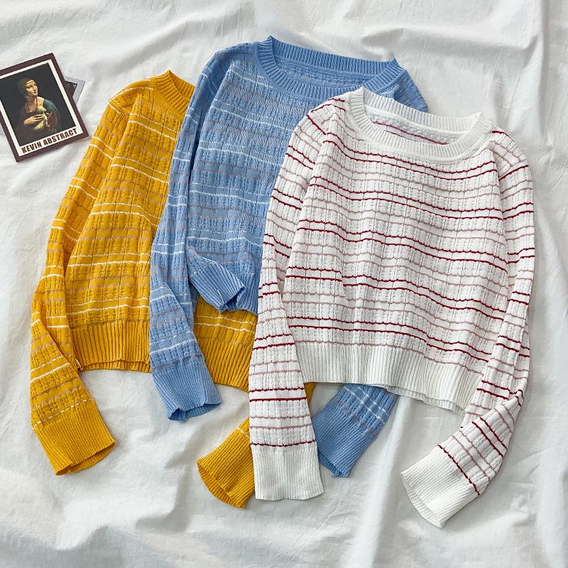 

Knitted Sweater Women Spring Autumn Stripe Basic Wear Fashion O-neck Long Sleeve Short Pattern Pullovers Chic Top Women Clothing, Blue