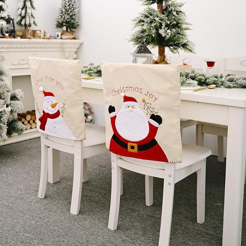 

Brand New 2020 Christmas Linen Chair Cover Santa Claus Snowman Embroidery Chair Back Covers New Year Christmas Ornament1