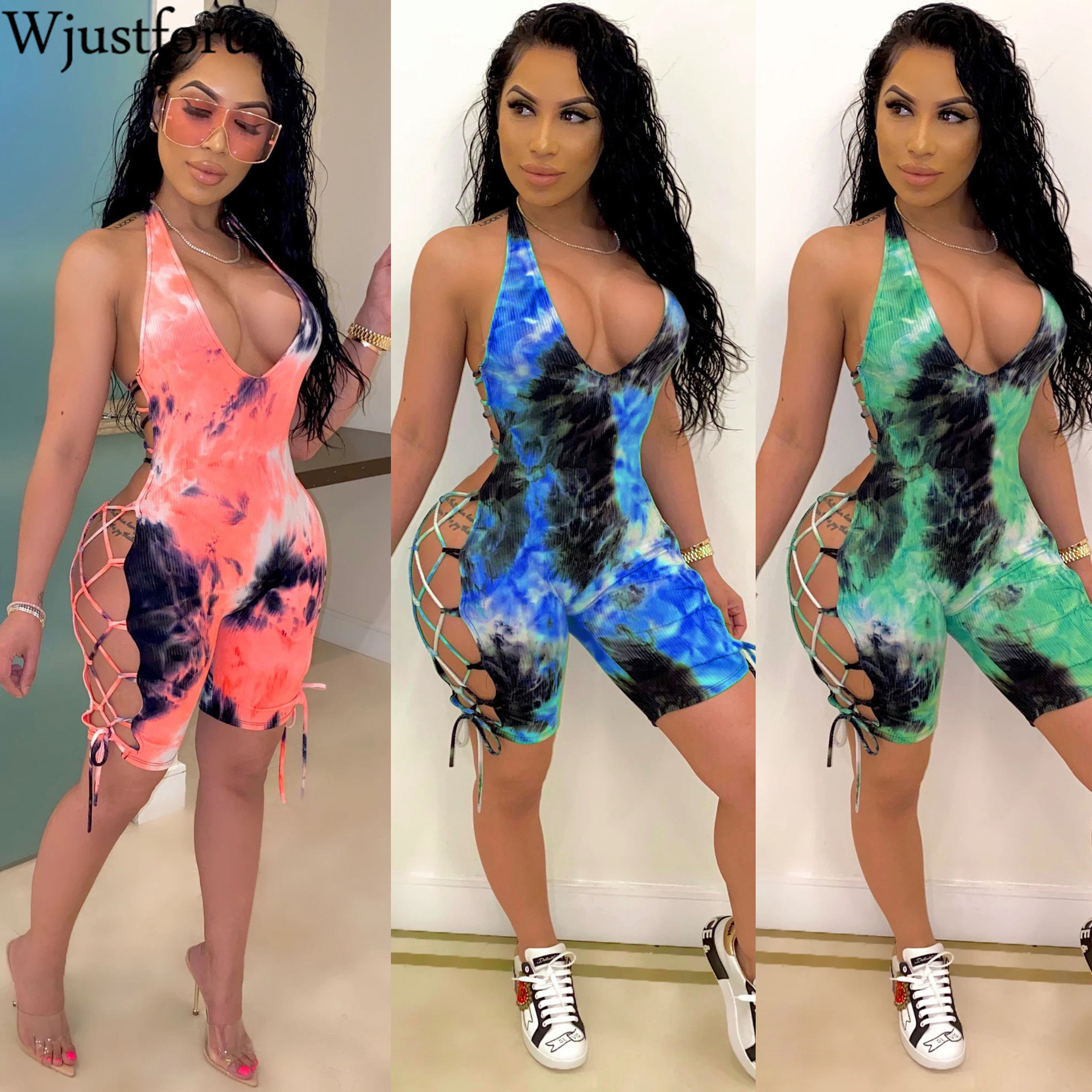

Wjustforu Sexy Hollow Print Playsuit For Women Tie-dye Bandage Club Jumpsuit Female Elegant Deep-v Fashion Overalls Vestidos T200704, Green